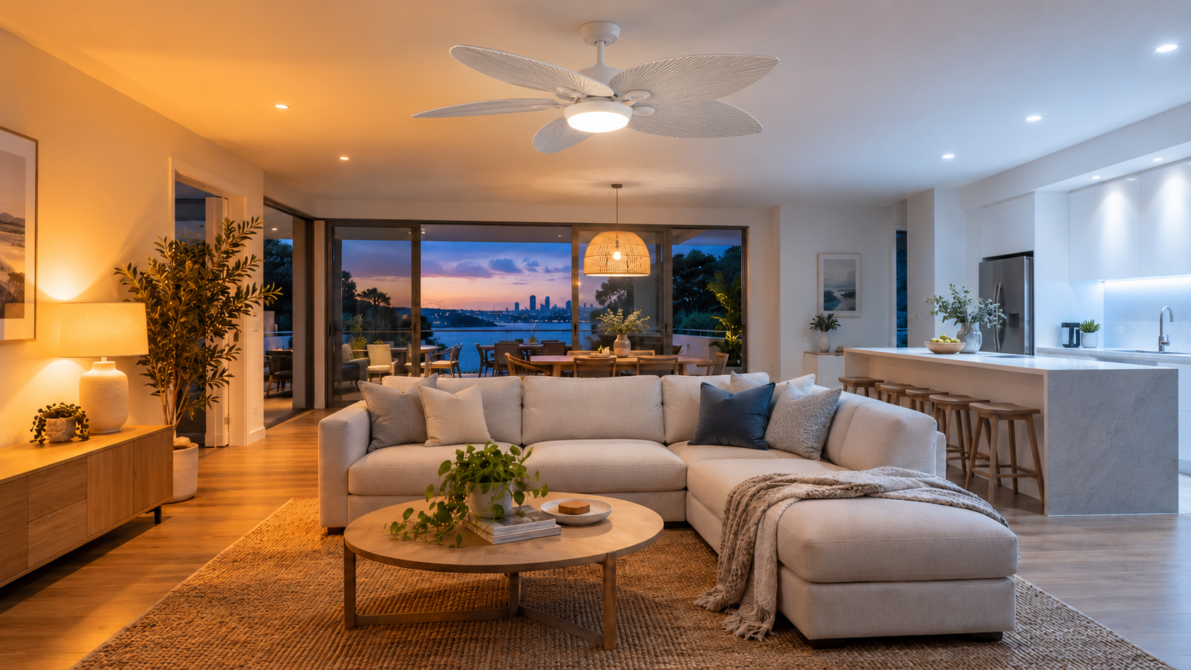 Four Season Living with modern and big living room with smart dc ceiling fan with LED Light.