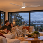 Four Seasons Living in a living room with family of 3 with 1 dog enjoying the dim light from smart dc ceiling fan with LED light on.