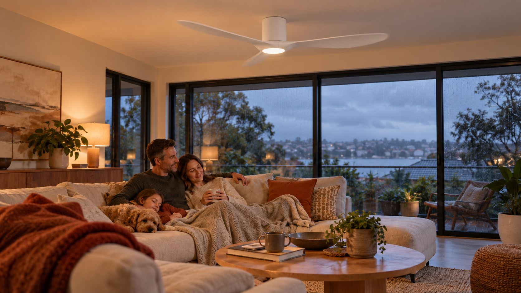 Four Seasons Living in a living room with family of 3 with 1 dog enjoying the dim light from smart dc ceiling fan with LED light on.