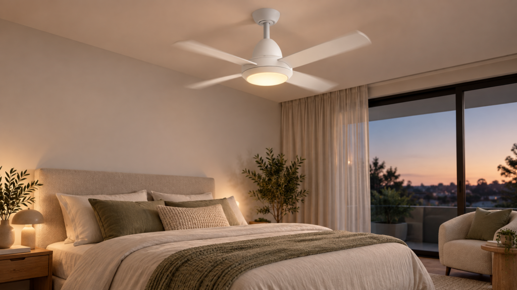 Four Seasons Living with smart dc ceiling fan with LED in modern bed room with good view.