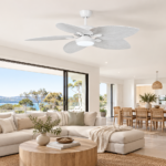 Four Seasons Living with white smart dc ceiling fan in modern living room
