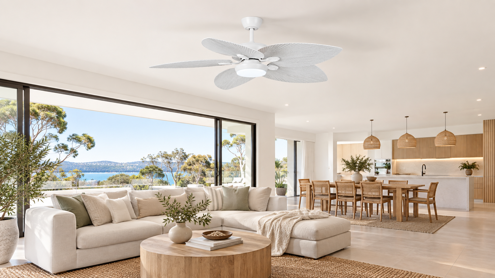 Four Seasons Living with white smart dc ceiling fan in modern living room