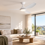 Four Seasons Living in a modern living room smart dc ceiling fan with remote wifi