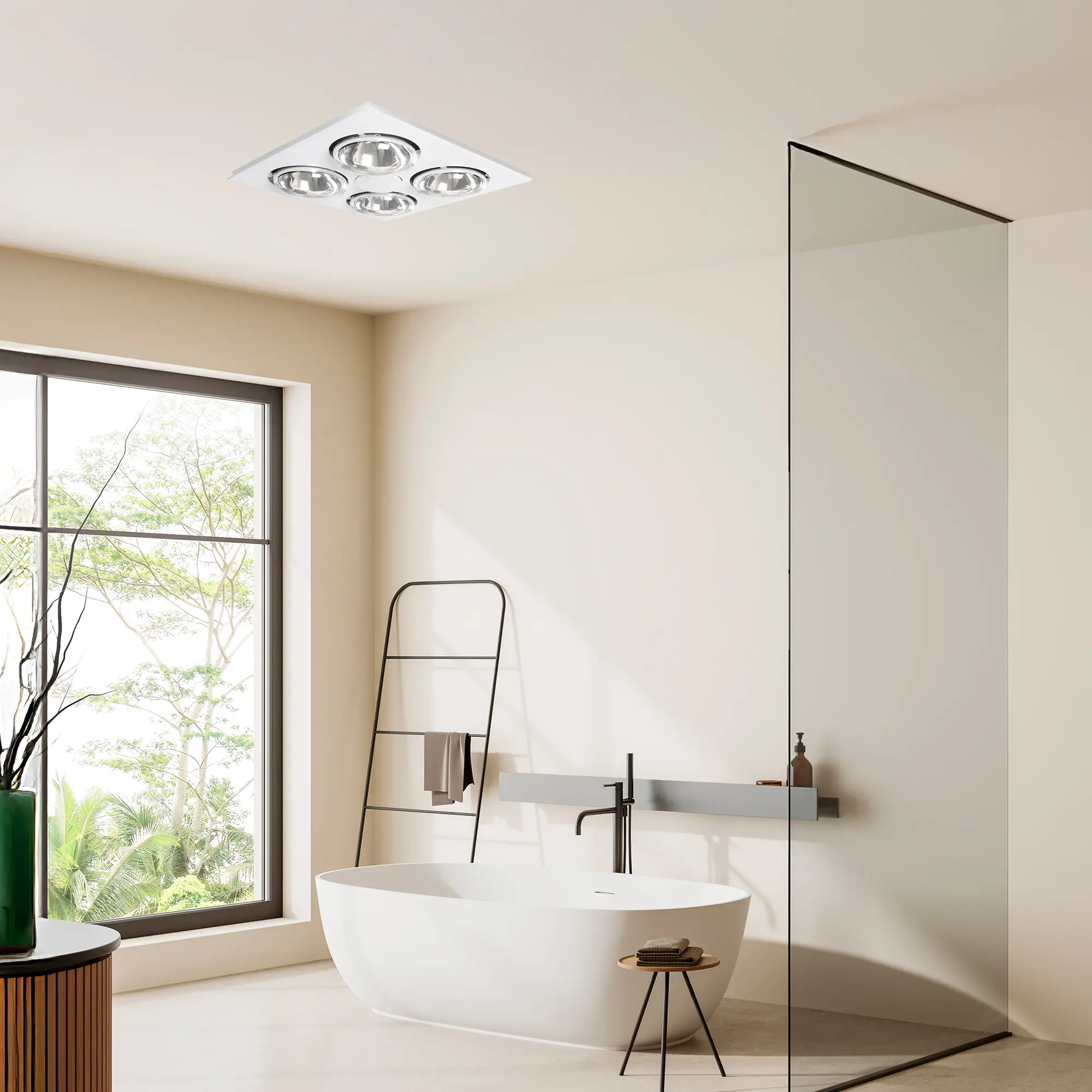 Four Seasons Living - White 3-in-1 bathroom heater with 4 heat lamps, exhaust fan, and center light