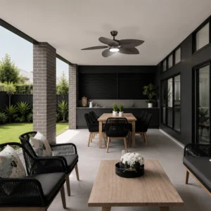 Four Seasons Living with Dark bronze outdoor smart dc ceiling fan with leaf blades in a modern alfresco dining area