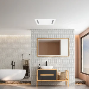Four Seasons Living sleek white bathroom heater fan with light above a modern vanity