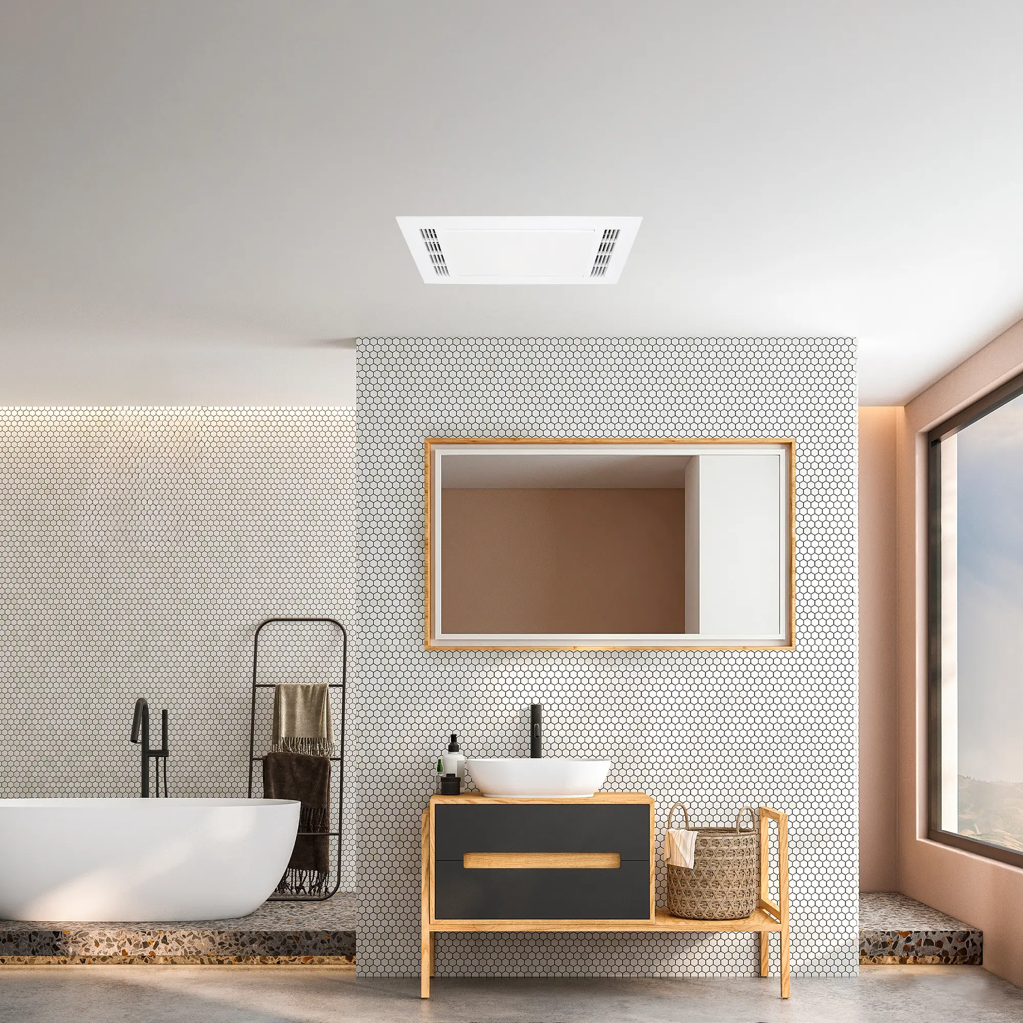 Four Seasons Living sleek white bathroom heater fan with light above a modern vanity