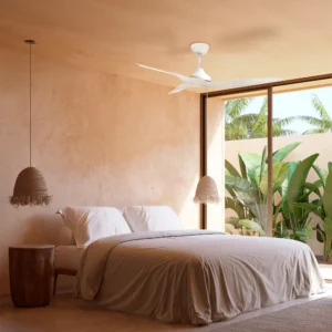 Four Seasons Living in Modern white three-blade Smart DC Ceiling Fan in a bohemian style bedroom with tropical view.