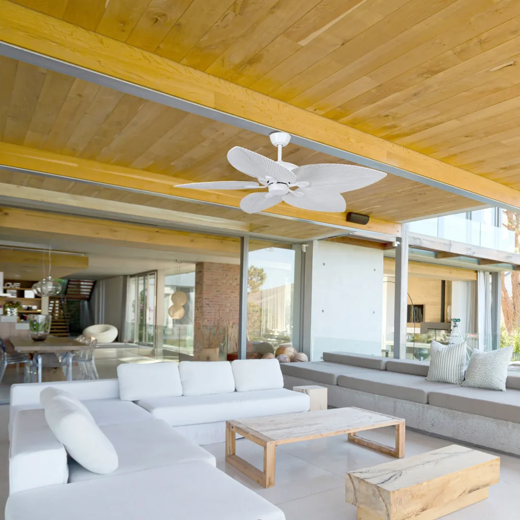 Four Seasons Living with White 5-blade palm leaf smart dc ceiling fan installed on a natural timber ceiling