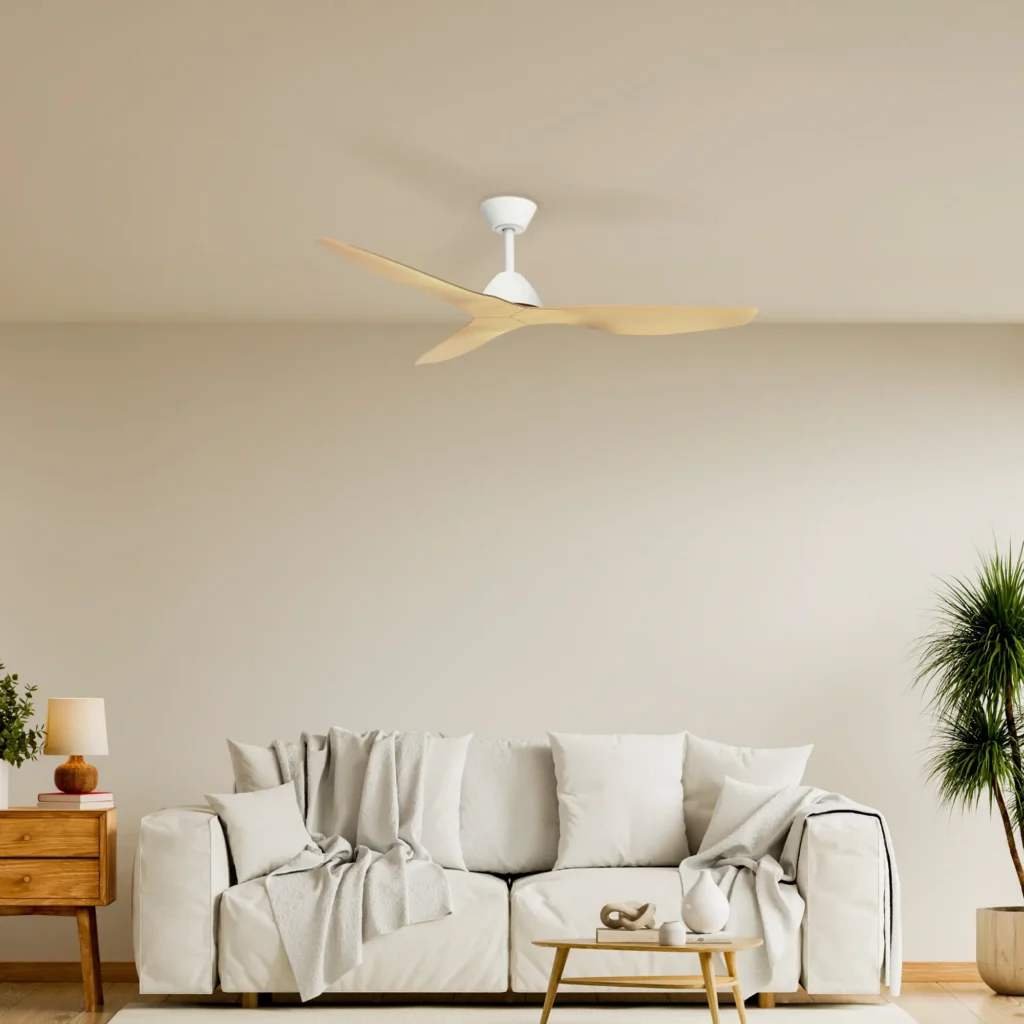 Four Season Living Modern 3-blade smart dc ceiling fan with light wood blades and white motor casing in a living room