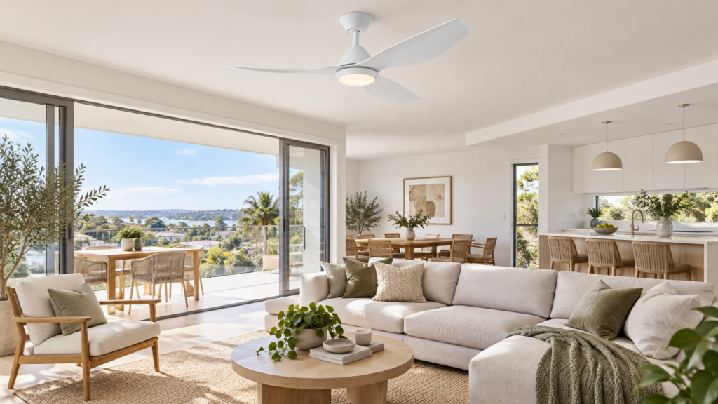 Four Seasons Living with smart dc ceiling fan with LED light in a big Living room with veranda over looking view.